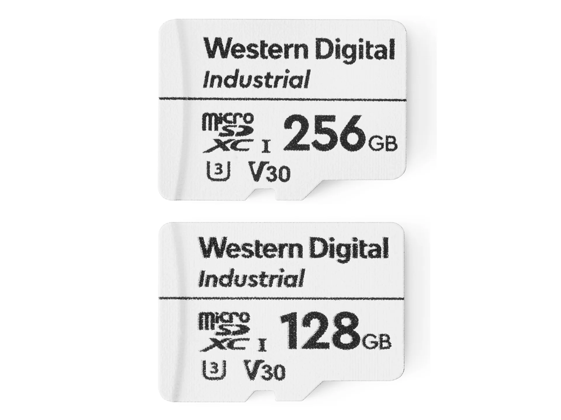 Two Western Digital Industrial microSDXC cards, one 256GB and the other 128GB, for expanded on-camera video storage.