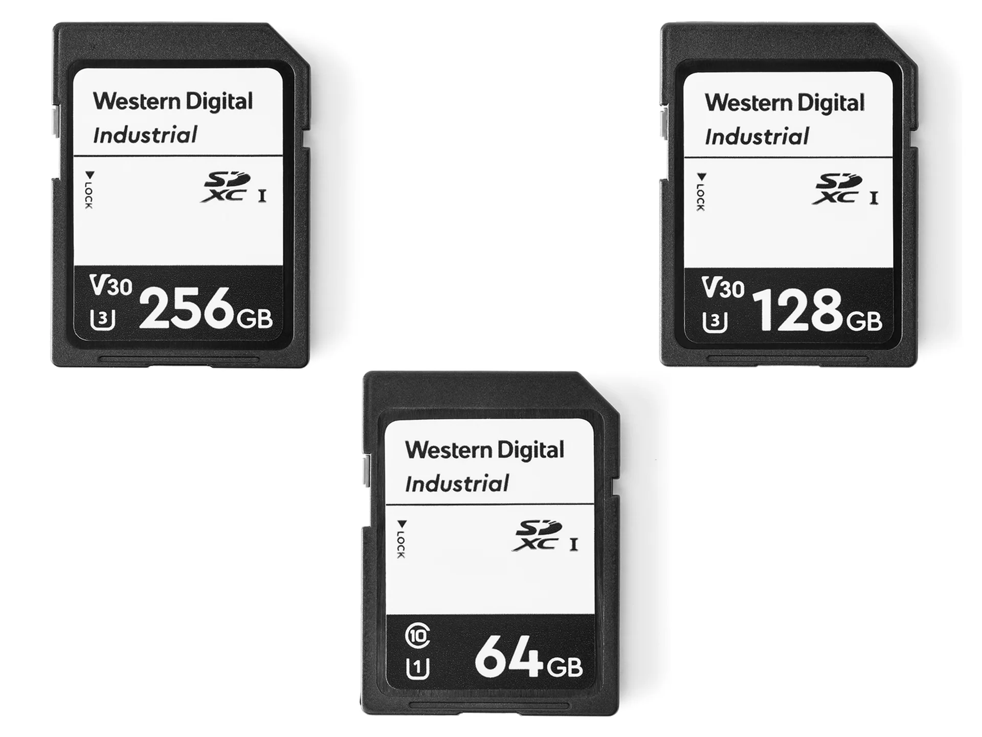 Western Digital Industrial SD cards with capacity 256GB, 128GB, and 64GB for expanded on-camera storage of video.