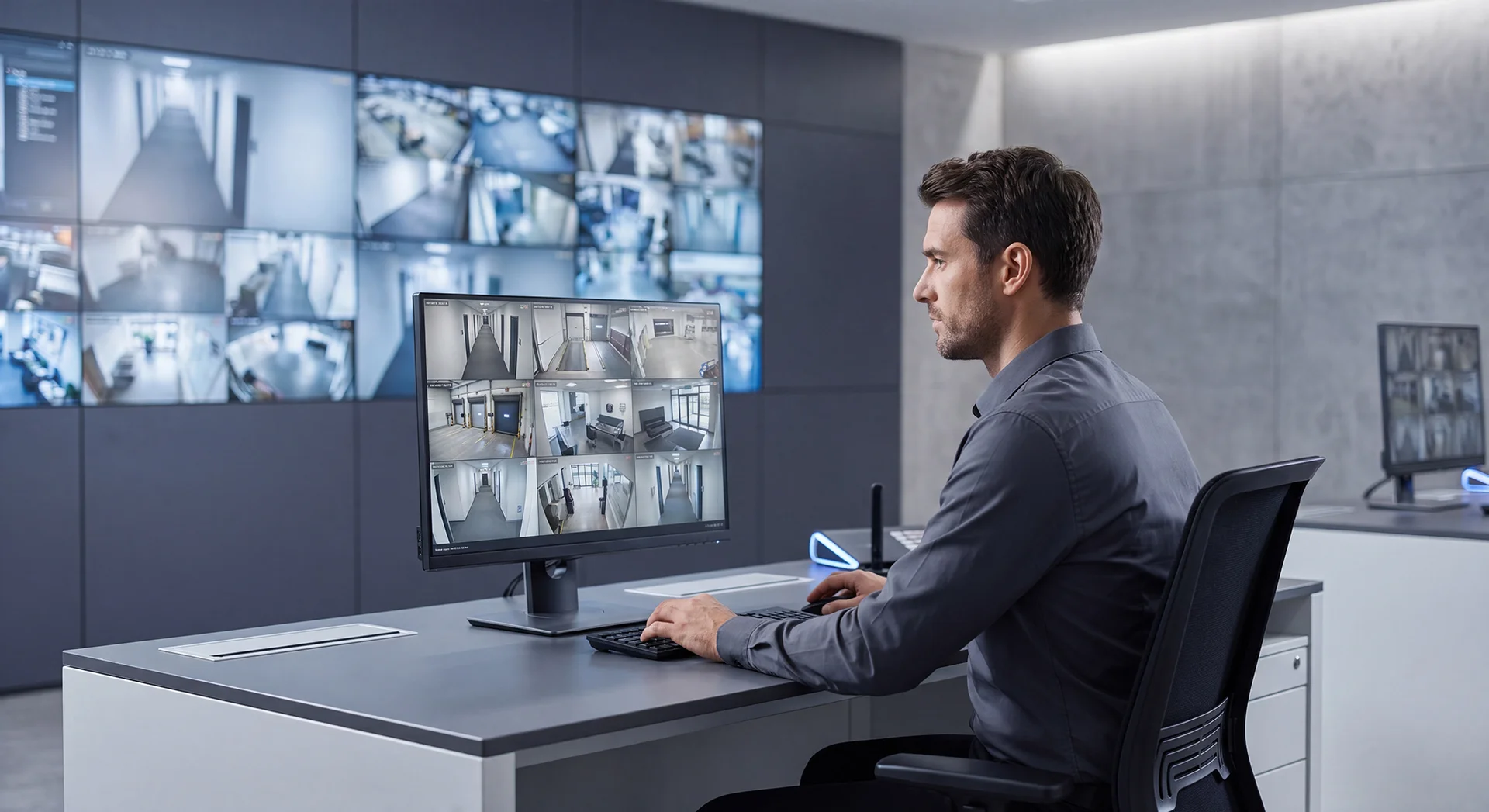 Man monitoring surveillance cameras on multiple screens in a secure control room.