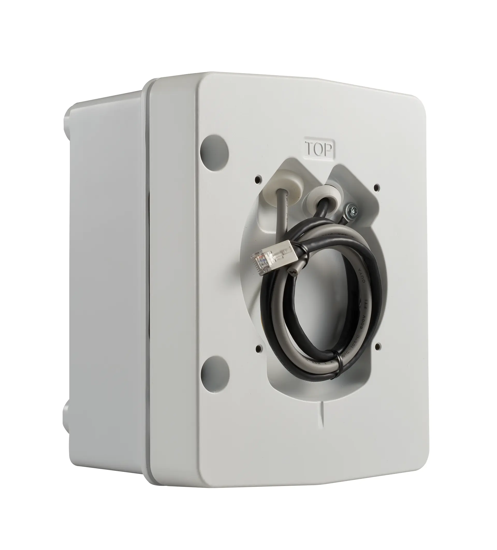 Direct-mount power supply cabinet for outdoor video systems, featuring an exposed Ethernet connector