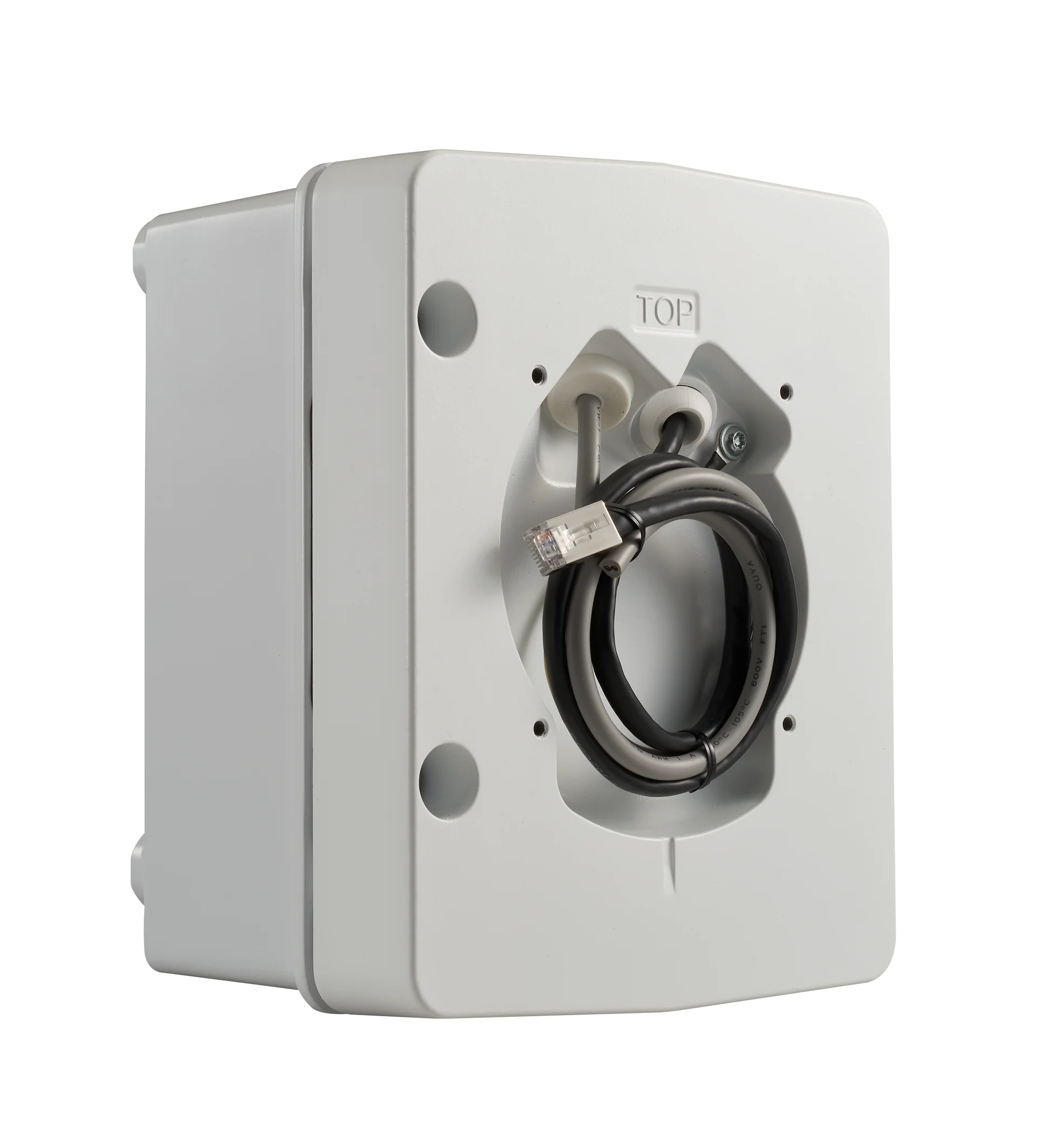 Direct-mount power supply cabinet for outdoor video systems, featuring an exposed Ethernet connector