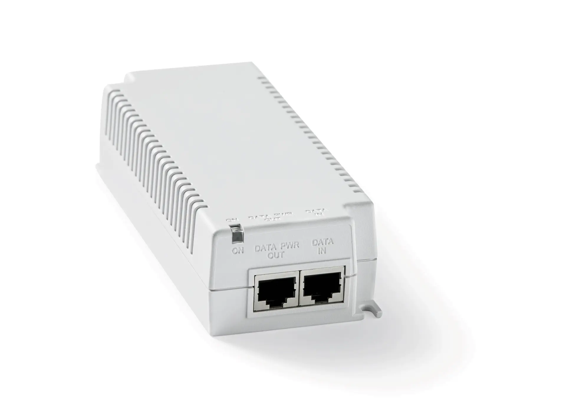 A white power over Ethernet (PoE) injector with two Ethernet ports labeled "Data PWR Out" and "Data In," and an LED indicator.