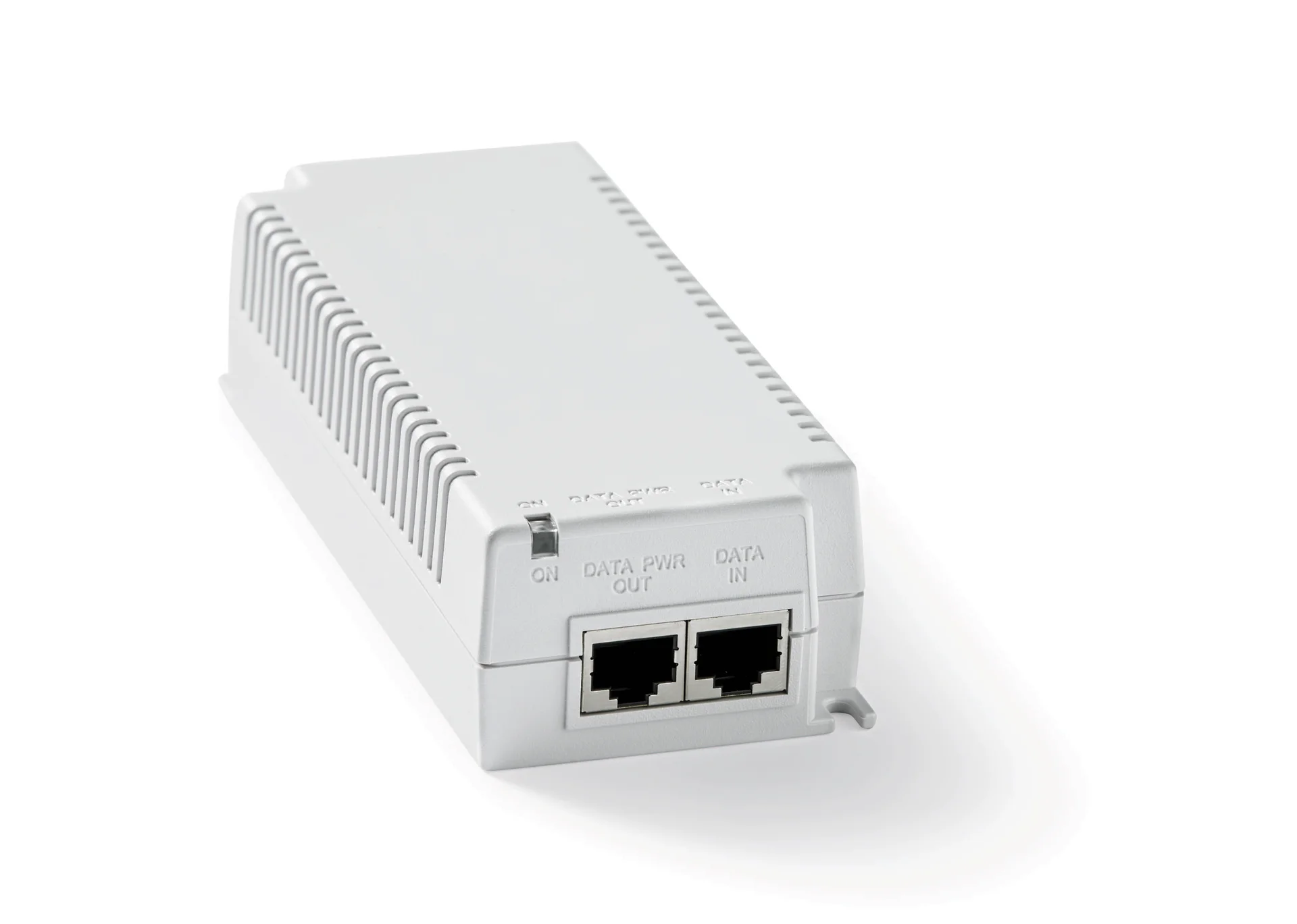 A white power over Ethernet (PoE) injector with two Ethernet ports labeled "Data PWR Out" and "Data In," and an LED indicator.