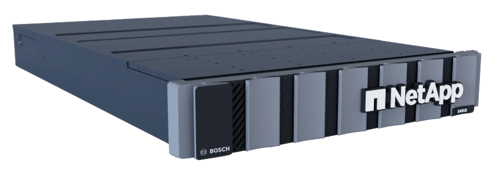 A sleek, dark-colored NetApp server device with a Bosch logo, featuring multiple front panels and a minimalist design.