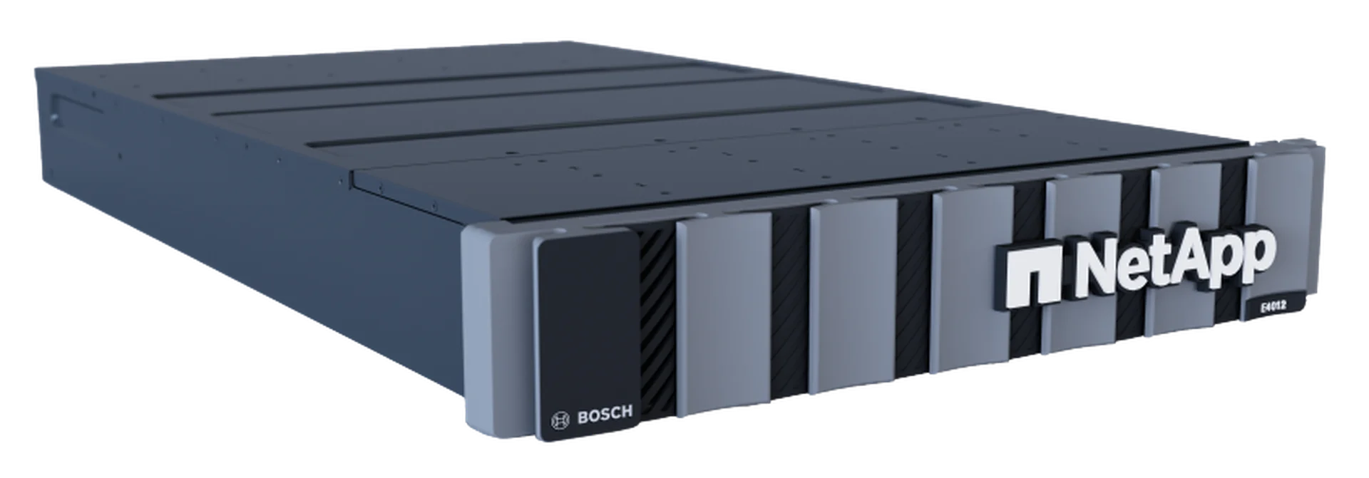 A sleek, dark-colored NetApp server device with a Bosch logo, featuring multiple front panels and a minimalist design.